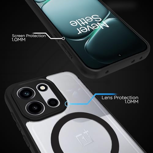 Image of RIGGEAR Shockproof Sleek Hybrid Armor Magnetic Back Cover Case Compatible with MagSafe Accessories for OnePlus Nord 6 5G / Nord CE 6 5G (Clear PC + Black TPU Bumper)