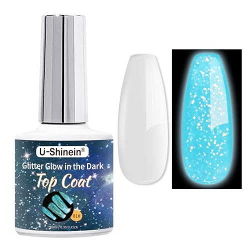 U-Shinein Glow In The Dark Gel Hema TPO Free No Wipe Glow Transparent Nail Top Coat Long-lasting Blue Glitter Luminous Nail Gel for Nail Art UV LED Needed Perfect with Any Colors Salon Pro DIY Home