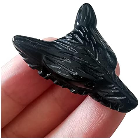 Manekieko Natural Black Obsidian 35mm Wolf Head Pocket Crystals and Healing Stone Figurine,Haped DIY-Jewelry Pendant Cover