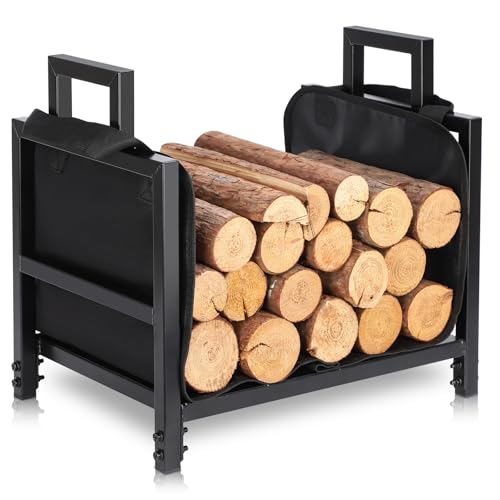 FEED GARDEN Firewood Rack Outdoor Indoor with Log Carrier Bag, 17.7 Inch Heavy Duty Steel Wood Holder for Fireplace, Compact Wood Rack for Firewood Storage, Black
