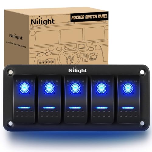 Image of Nilight - 90110E 5 Gang Aluminum Rocker Switch Panel Toggle Dash 5 Pin ON /Off Pre-Wired Rocker Switch Blue Backlit Switch for Automotive Car Marine Boat RV,2 Years Warranty