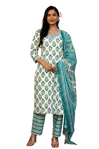 Image of MIRCHI FASHION Women's Straight Fit Pure Cotton Floral Printed Kurta Set with Dupatta and Pant
