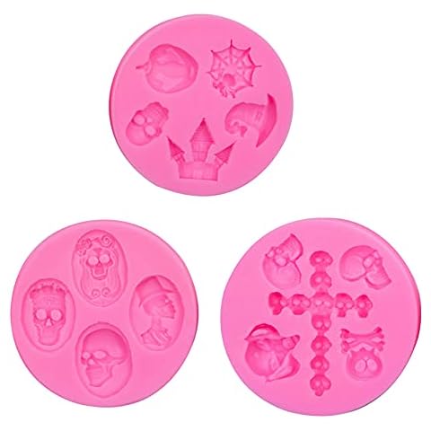Hummcqit 3 Pack Halloween Fondant Making Molds Silicone, Pumpkin Castle Skull Cross Shaped Candy Lollipop Molds, Cake Border Decoration Cupcake Topper Jewelry Polymer Clay, Random Color Cover