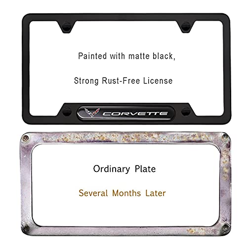 2Pcs Newest Corvette Logo Custom Personalized 4 Hole Matte Aluminum Alloy License Plate Frame with Screw Caps Cover Set,Applicable to US Standard car License Frame