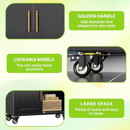 Image of 72.3 inch Black Metal Arched Bookcase with Lockable Wheels, 2 Adjustable Shelves, Tall Rolling Storage Cabinet for Living Room, Home Office, School, Assembly Required