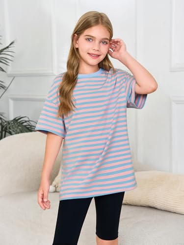 Image of Haloumoning Girls Striped Short Sleeve T Shirts Kids Summer Oversized Tops Casual Crewneck Tees 5-14 Years