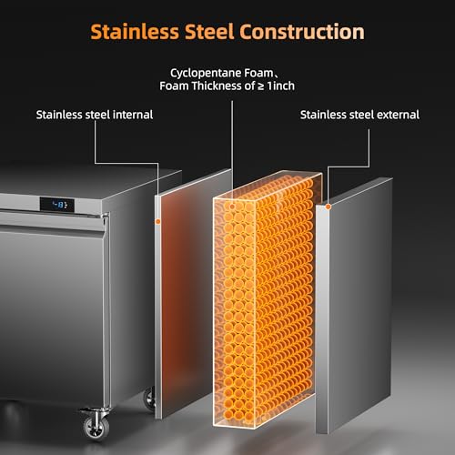 Image of Coolski 48 inchW Commercial Freezer Undercounter Worktop, 13.4 Cu.ft. Stainless Steel Worktop Food Prep Freezer, -13℉to -5℉, Double Door 2 Shelves Fridge for Restaurant /Bar /Diner /Kitchen Use