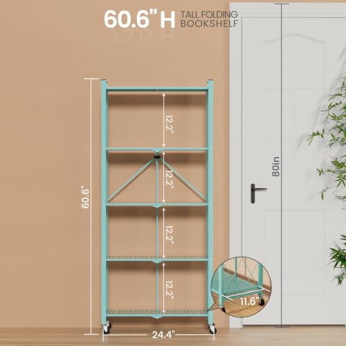 Image of ALANNG 60.6 Inch Folding Bookshelf, 5 Tier Metal Bookcase and Bookshelves | Tall Shelves for Living Room Office Bedroom, Heavy Duty Book Shelve Free Standing Open (Mint Green, 4PACK)