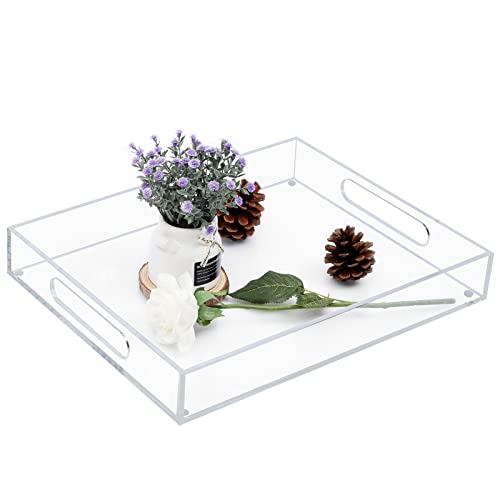 Clear Acrylic Serving Tray with Handles, Unitystar Spill Proof Clear Coffee Table Tray Organizer for Ottoman Tray Countertop 11" x 14"