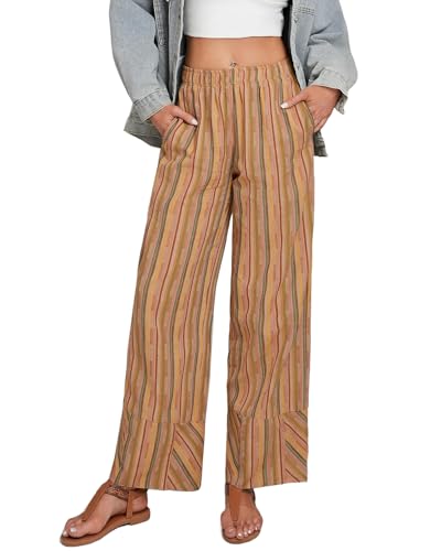 Striped Palazzo Pants for Women Summer Casual Elastic High Waisted Wide Leg Beach Pants Travel Vacation Outfits