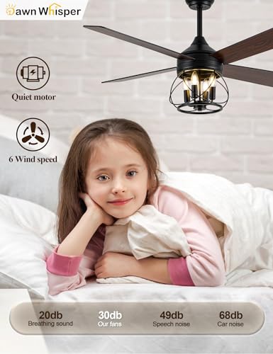 Image of Dawn Whisper 52 Inch Rustic Farmhouse Ceiling Fans with Lights and Remote Quiet and Reversible DC Motor Black Industrial Caged Ceiling Fan for Bedroom Living Room