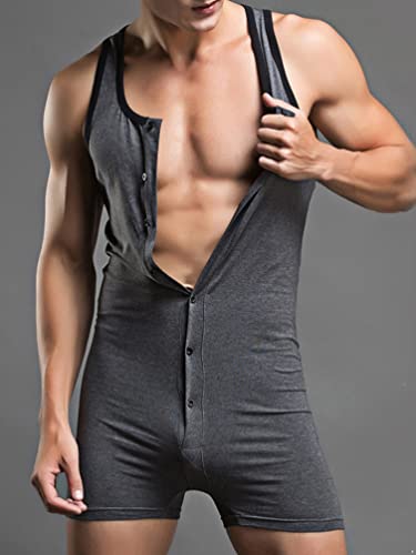 Men's One Piece Tank Top Sleeveless Henley Jumpsuit Pajama Boxer Romper Underwear Sleepwear2