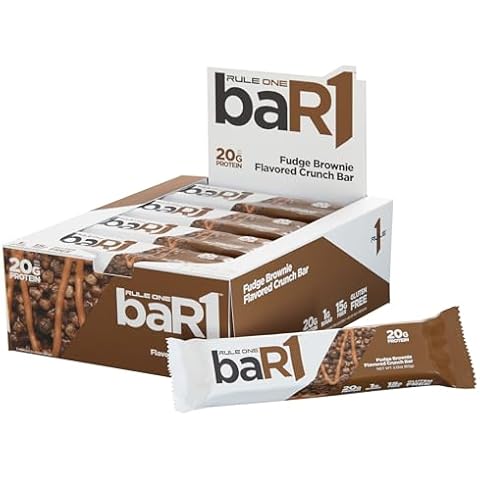 Rule 1 baR1 Crunch Bar - On-The-Go Convenient Protein Snack Bars with 20g Premium Protein, Naturally-Packed with EAAs/BCAAs, Hunger-Filling Fiber (12 Count Box, Fudge Brownie) Cover