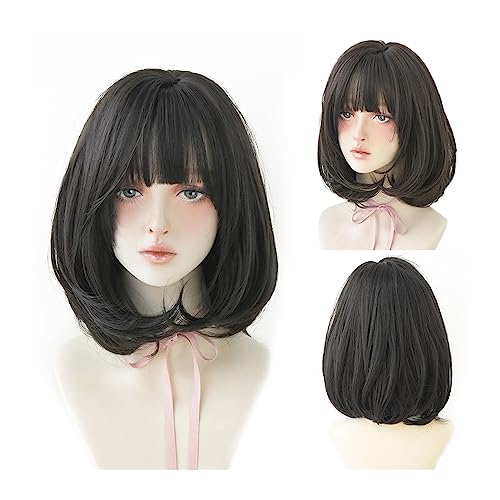 Perruque courte noire naturelle à frange idéale pour le cosplay et votre style quotidien