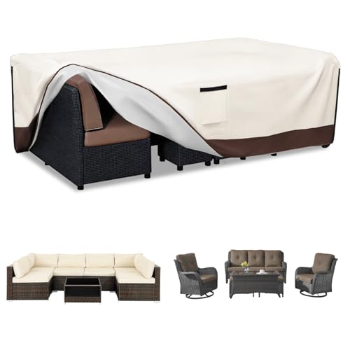 Patio Furniture Covers Waterproof,600D Heavy Duty Patio Cover for 6/7/8 PCS Sets Sectional Sofa Couch Dining Rocking Swivel Chairs Ottomans Coffee Table,126L x 63W x 28H inch Beige & Brown