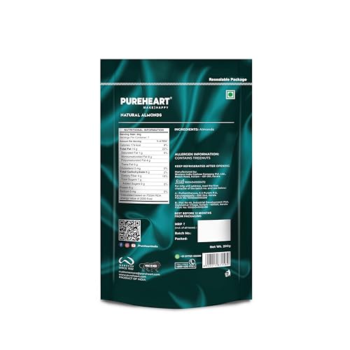 Image of Pureheart Nutreat Natural Almonds (200 gm, Pack of 2) Premium California Almond Nuts /Dry Fruit, Crunchy Dried Badam - Resealable Pouch