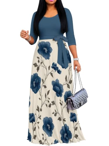 Image of PinkPatty Women's Plus Size Maxi Dresses Casual Flowy 3 /4 Sleeves Dress Printed Vacation Dress for Daily Wear with Belt