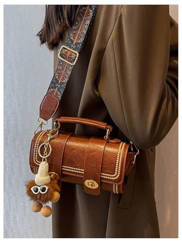 MakeMeChic Women's Faux Leather Crossbody Bag Top Handle Retro Cylinder Handbag with Printed Strap3