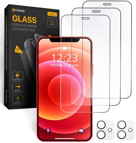 3-Pack iPhone 12 Screen Protector + 2-Pack Camera Lens Protector - 9H Hardness Tempered Glass Cover, Shockproof & Scratch Resistant - Ultra HD Clarity - Easy To Install & Case Friendly