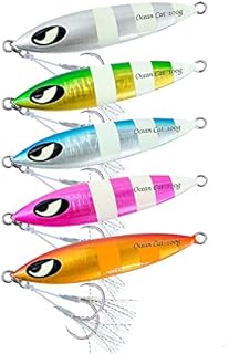 OCEAN CAT Slow Pitch Jig Combo Flat Fall Jigs Vertical Jigging Fishing Lures with Jig Hook for Saltwater Fishing 100G/150G/200G/250G (150g, Each Color 1 pc(All 5 pcs))