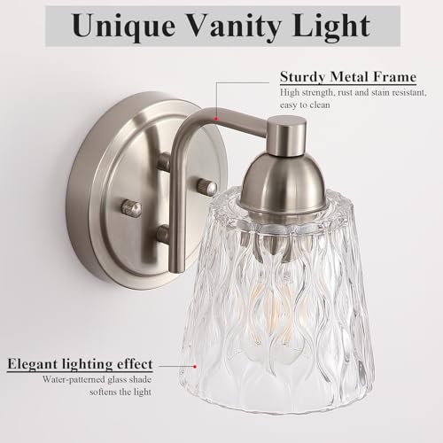 Image of Mecgirn Stainless Steel Bathroom Vanity Light Over Mirror, 1 Light Brushed Nickel Bathroom Light Fixtures with Textured Glass Shades, Modern Vanity Lighting Wall Mount