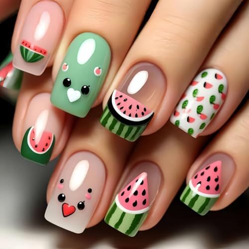 Watermelon Press on Nails Short Square False Nails with Design Watermelon French Tips Fake Nails Cute Fruit Stick on Nail Glossy Summer Glue on Nail for Women Girls Manicure 24Pcs