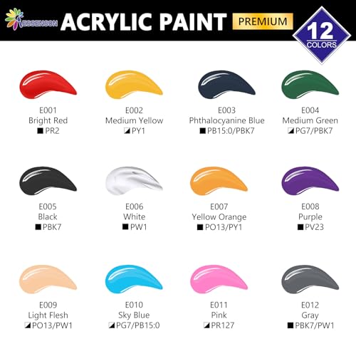 ESSENSON Acrylic Paint, 12 Colors Acrylic Paint Set, 2oz/59ml Bottles, Premium Paints for Artists, Kids, Beginners and Adults on Canvas Rocks Wood Ceramic Fabric