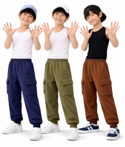 Image of Boys Cargo Pocket Jogger Track Pants Pack of 3 Navy Green Brown