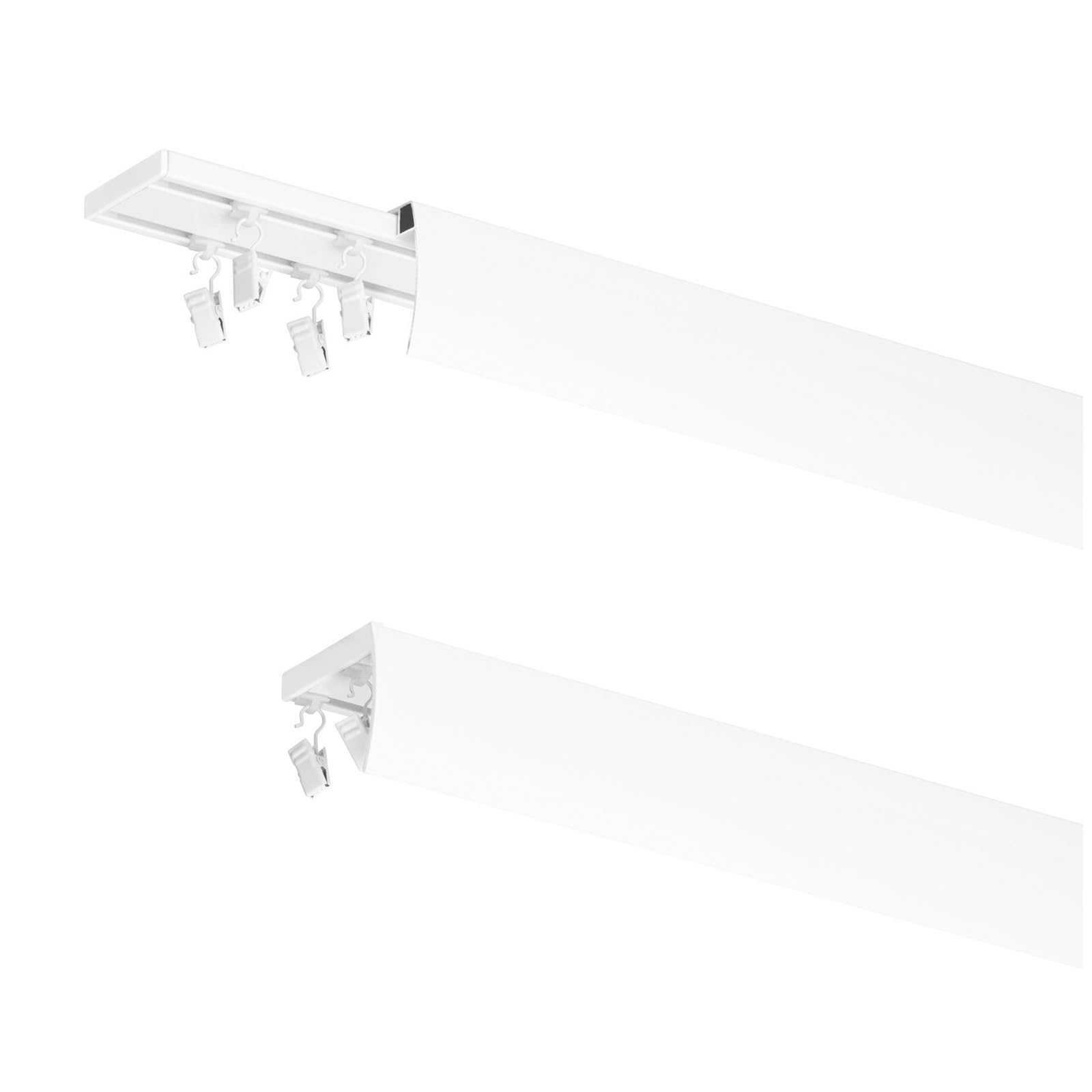 MDEKOR Aluminiowa szyna do zasłon 200 cm, montaż sufitowy, 2 w 1 pojedyncza lub podwójna, solidne metalowe uchwyty, metalowe żabki i biała osłona w zestawie