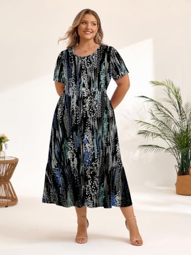Image of LARACE Plus Size Dresses for Women Summer Maxi Casual Dress with Pockets | plus size summer dresses women, soft rayon, flowy maxi, short sleeve, pockets, flattering & covers belly, beach wear, L-6XL