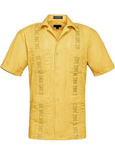 Men's Premium Short Sleeve Embroidered Guayabera Cuban Shirts - Omega - Yellow - 4X-Large