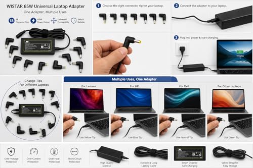 Image of WISTAR 65Watt Universal Laptop Adapter with 18 Interchangeable Connector pins Compatible for Toshiba /HP /ASUS /Lenovo /Samsung /Sony /DELL /ACER /for All Type C 65W Laptop