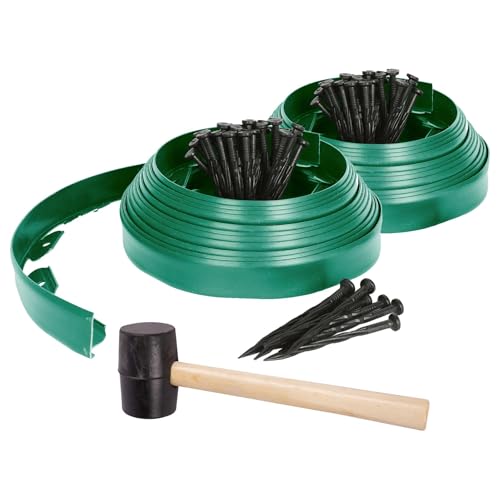 Harbour Housewares 20m Flexible Lawn Edging with 80 Pegs & Mallet - Green - Plastic Garden Edging Grass Border Flower Bed Stone Path Edge Height 4cm Patio Landscaping Divider Palisade