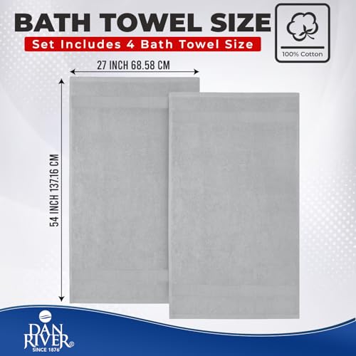 Image of DAN RIVER Bath Towels Set of 4, 27 x 54 Inches, 100% Cotton, Larger & Lighter Weight, Quicker to Dry, Super Soft and Absorbent, Ideal Thick Towels for Daily Use, Silver