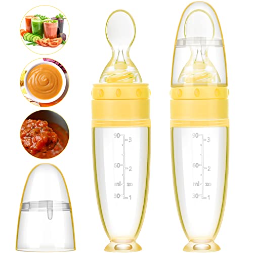 Image of 2 Pieces Silicone Baby Spoons Baby Feeding Spoon with Standing Base for Infant 0-24 Months Dispensing and Feeding (Yellow)