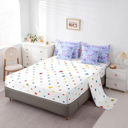 Image of Purple Bow Full Size Bed Sheets and Comforter Set | Cute Bowknot 7-Piece Bedding Set Dreamy Princess Style Ribbon Bow Tie Bed in a Bag, Girly Floral Bed Sets,Kawaii Room Decor Aesthetic