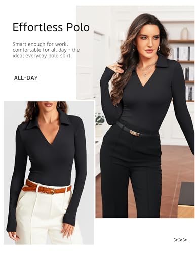 Womens Long Sleeve V Neck Polo Shirts Business Casual Collared Work Top Slim Fitted Basic 2025 Fall Outfit2
