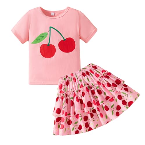 Image of Little Girls Skirt Set - 2 Piece Short Sleeve Top Shirred Tiered Skirt Outfit Girls Spring Summer Clothes 3-8 Years