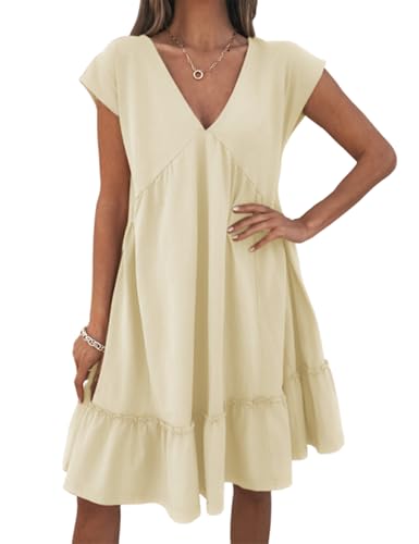 Image of APAFES Women's Summer Dress A Line V-Neck Ruffle Hem Sundress Flowy Swing Mini Dress with Pockets