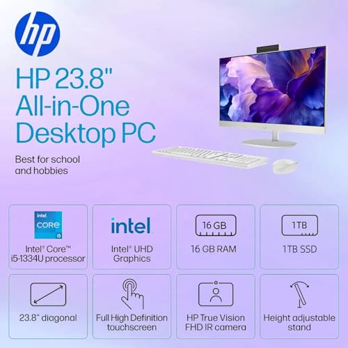 Image of HP 24 inch All-in-One Desktop Computer, FHD IPS Touchscreen PC, 13th Gen Intel Core i5-1334U Processor, 16GB RAM, 1TB SSD, Windows 11 Pro, 1080p IR Camera, Wi-Fi 6, Wireless Keyboard & Mouse, White