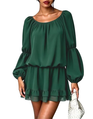 Off Shoulder Tiered Ruffle Lantern Sleeve Elastic Waist Casual Mini Dress | Cocktail Wedding Guest Dresses Off The Shoulder Birthday Party Dress Lantern Sleeve Ruffle Hem Mini Dress