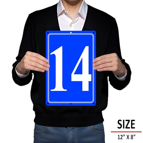 Image of Premium Aluminum Number Signs 14, Metal 12 inch X 8 inch Blue Numbered Signs Outdoor for Parking Lots, Floor, Dock, Court, Aisle, Field, High Visibility, No Fade, Weather-resistant