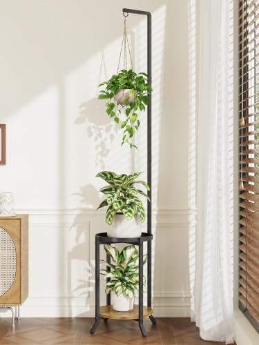 iDavosic.ly 2 Tier Hanging Plant Stand Indoor Tall Vertical Corner Metal Flower Heavy Duty Pot Holder Shelf for Patio Porch Living Room Modern Black & Rustic Brown - Round
