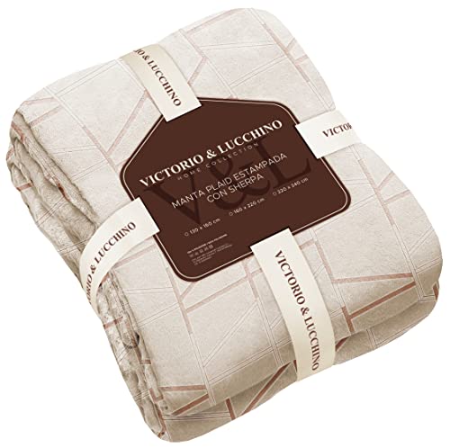 Victorio & Lucchino Manta Plaid Burn out con Borreguito Sherpa - Manta Suave para el Sofa o para Cama (VL-80514 Beige, 130x160 Cm)