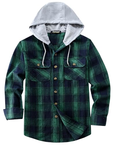Puwasa Men's Flannel Plaid Shirt Hooded Long Sleeve Cotton Lightweight Fit Button Down Flannel Shirt with Hood Green Medium - Image 2