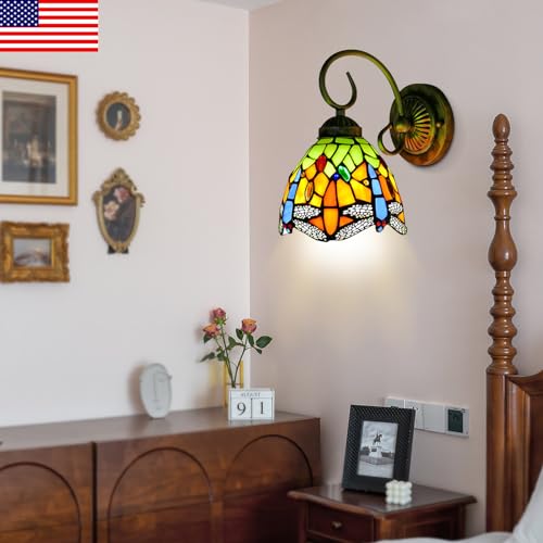 Image of Wall Sconce Bedside Wall Mount Lamp 1-Light Dragonfly Stained Glass Shade Wall Light for Bedroom Hallway Stairway Balcony