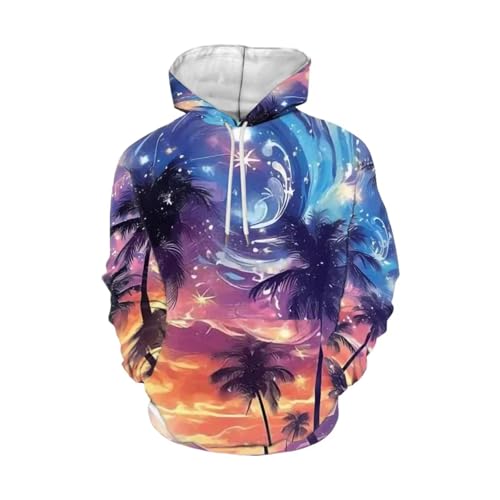 Image of Forchrinse Green Palm Tree Sea Beach Mens Hoodies Pullover Long Sleeve Fleece Hoodie Cozy Sport Casual Outwear