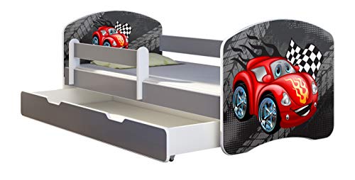 ACMA Kinderbett Jugendbett mit Einer Schublade und Matratze Grau mit Rausfallschutz Lattenrost II (05 Rote Auto, 140x70 + Bettkasten)