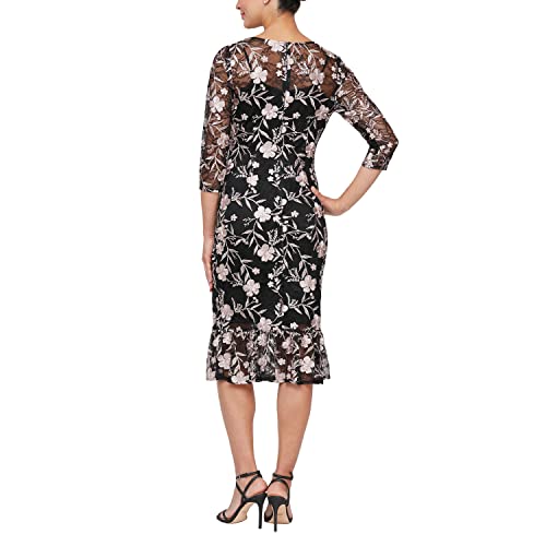 Image of Alex Evenings Womens Tea Length Embroidered Cocktail Dress with Illusion Sleeves, Wedding Guest (Petite and Regular Sizes)