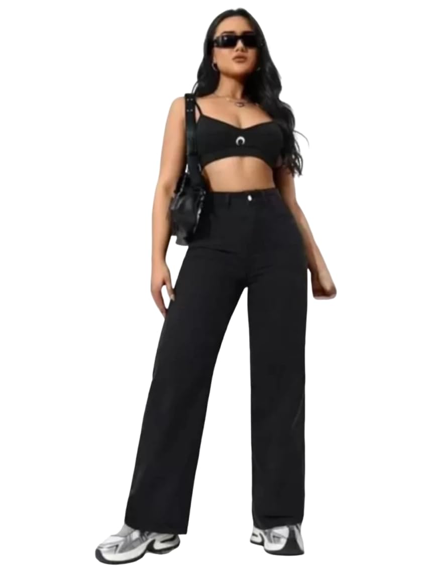 GenericHigh Waist Loose Fit Black Denim Jeans for Women | Straight fit Jeans| Wide Leg | Baggy Jeans | Clean Solid High Waist Loose Fit Pants I Stylish & Trendy Look I for Office Party Home Girls & Women